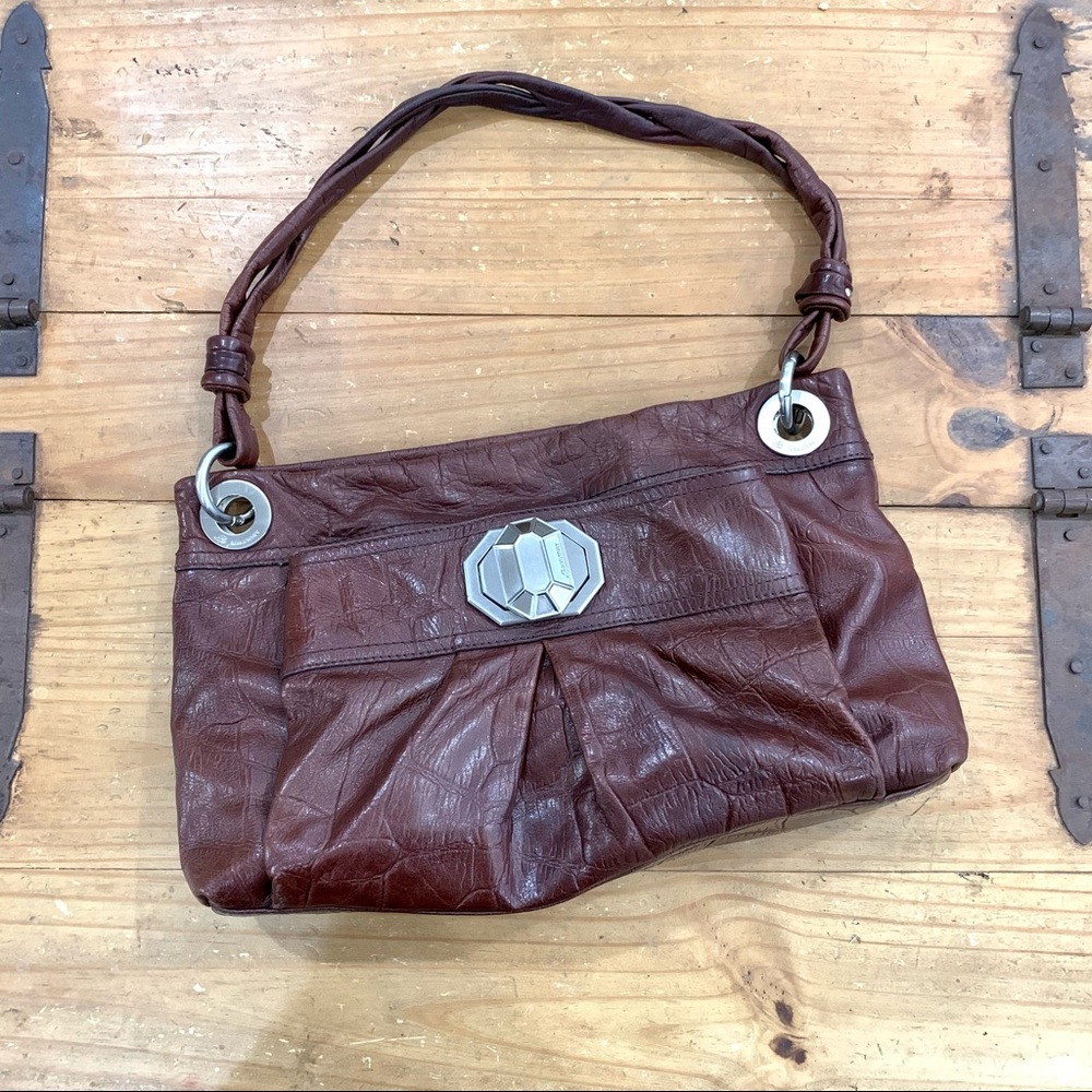 B Makowski Croc Embossed Brown Leather Oversized Hardware Shoulder Bag Y2K Retro